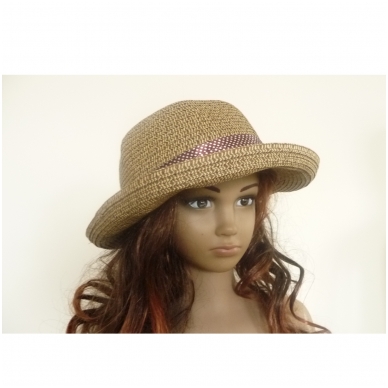 Madinga vasarinė skrybėle su rudos spalvos kaspinu 5
